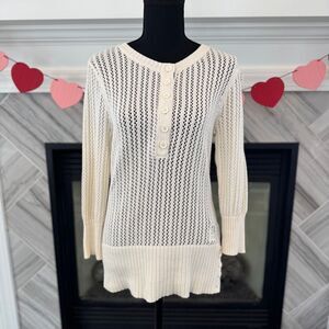 DKNY Cream Knit Henley Sweater Long Sleeve Button Front Ribbed‎ Hem Large